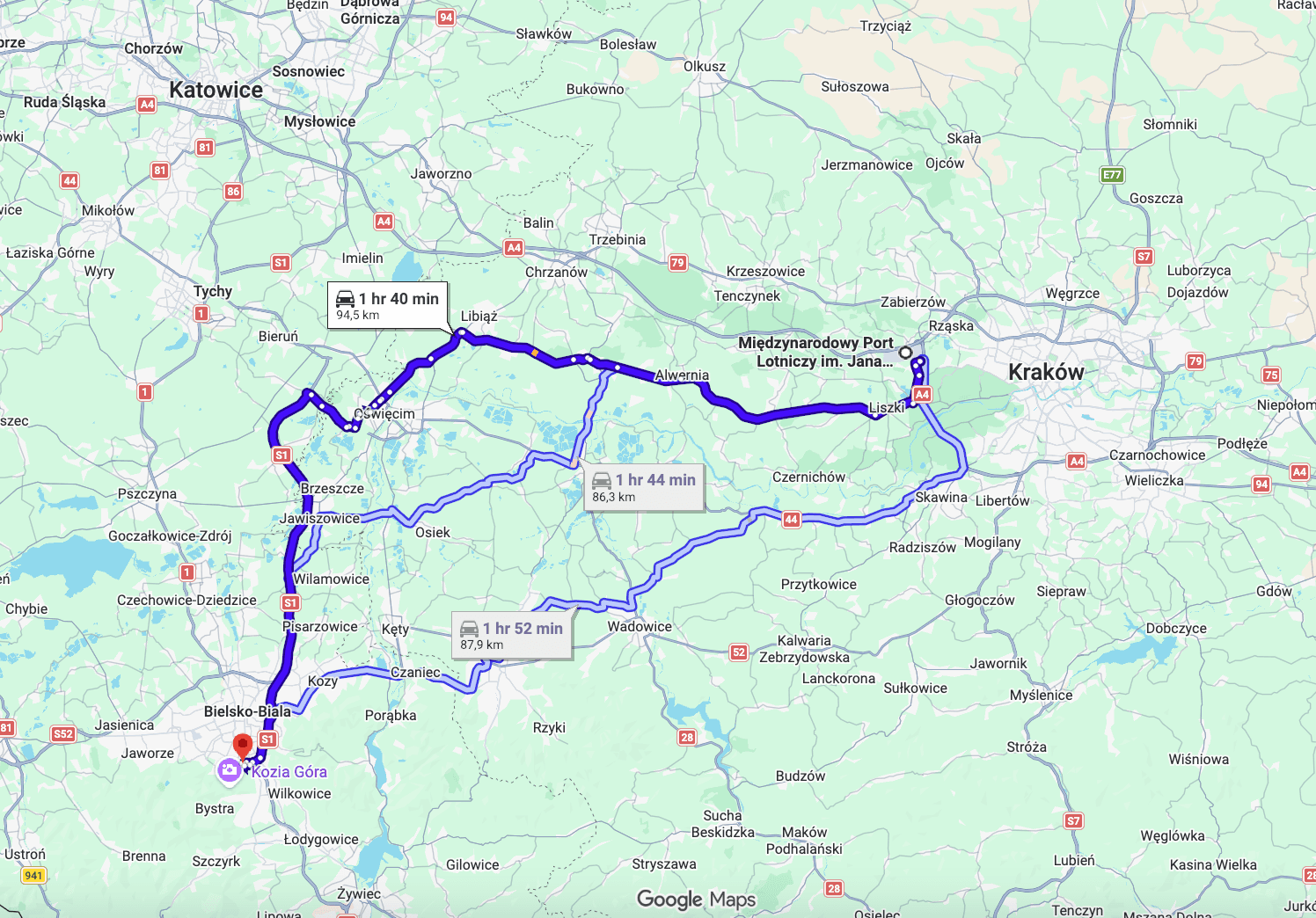 Rekomendowana trasa Bielsko-Biała - Kraków przez Alwernię i Oświęcim